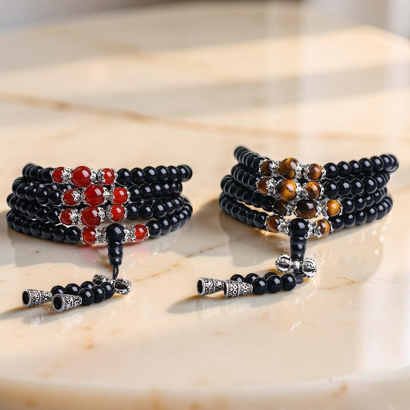 ATELIER-TIBET – Mâlâ 108 Perles en Obsidienne, Œil de Tigre/Agate - Tigridienne