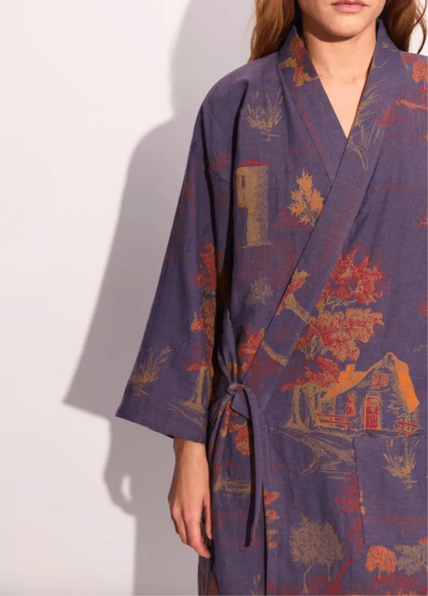 Peignoir kimono femme coton motif érable bleu – Momiji