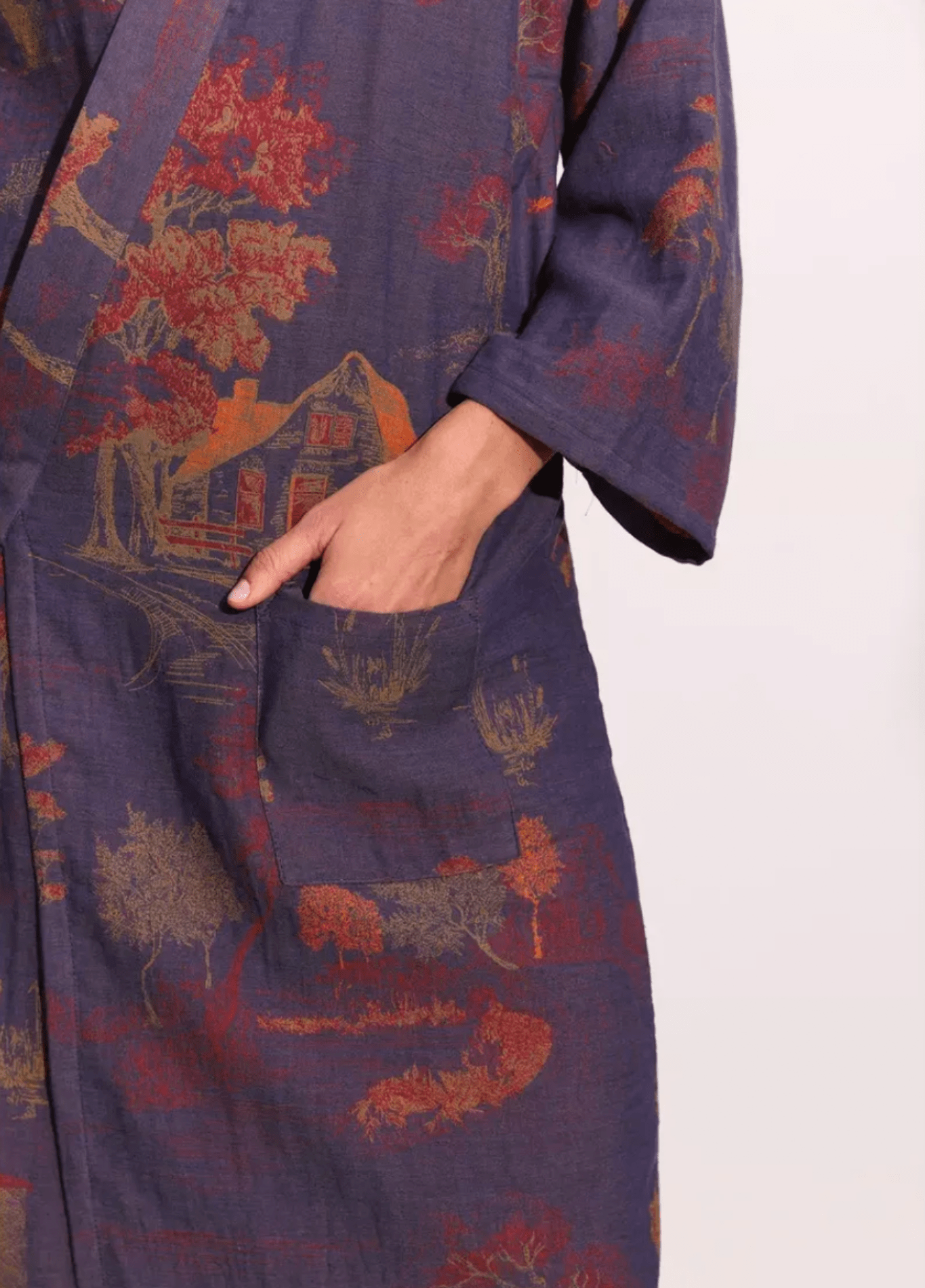 Peignoir kimono femme coton motif érable bleu – Momiji