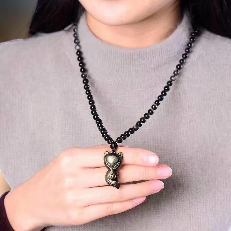 ATELIER-TIBET – Pendentif Renard Sage en Obsidienne Dorée
