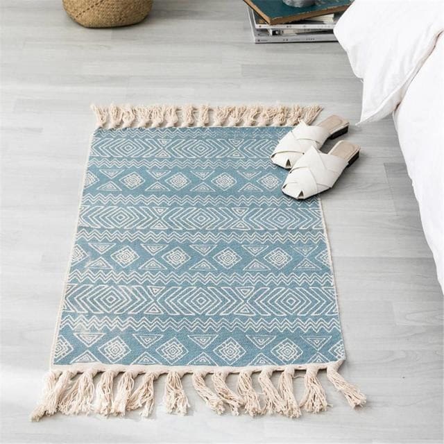 ATELIER-TIBET – Tapis Zen Turc fait main en coton Kilim avec frange Bleue – Style Zen & Déco