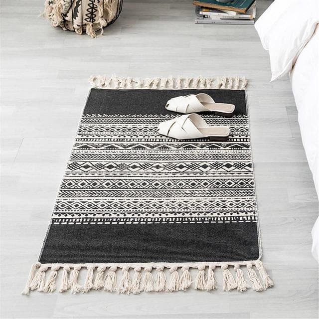 ATELIER-TIBET – Tapis Zen Turc fait main en coton Kilim (60×90 cm) – Décoration & Méditation Noir et Blanc