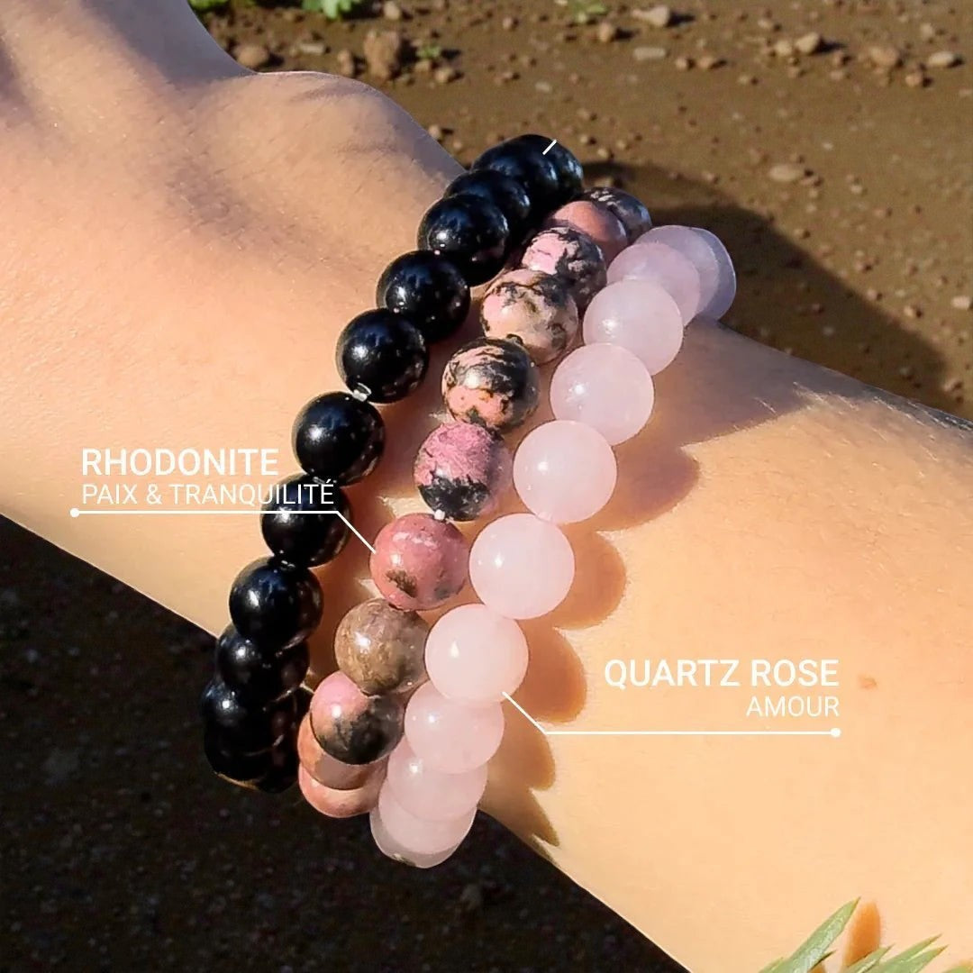 ATELIER-TIBET – Trio de Bracelets Paix & Équilibre en Onyx, Quartz Rose & Rhodonite