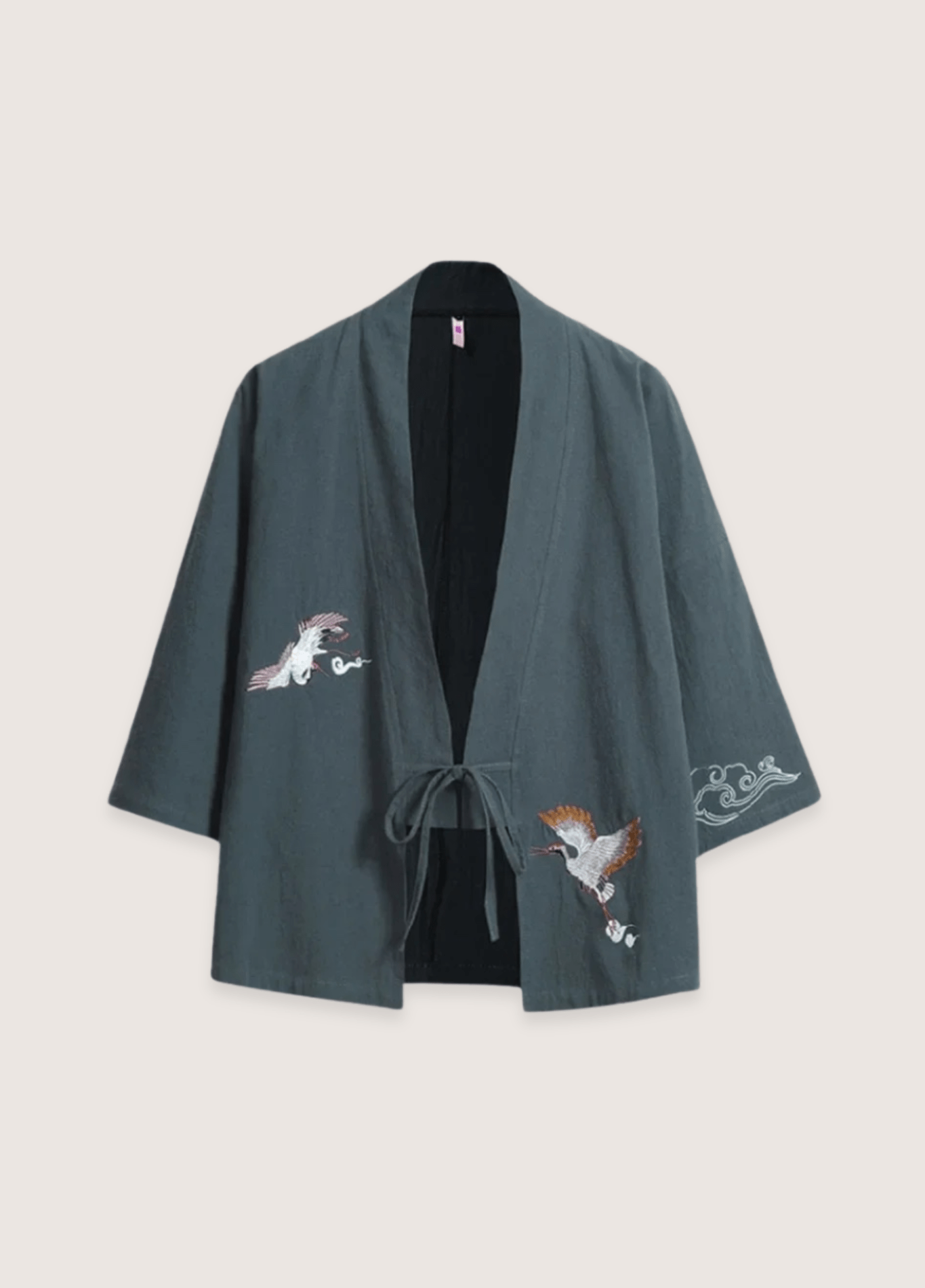 Veste kimono mixte lin motif grue bleu gris