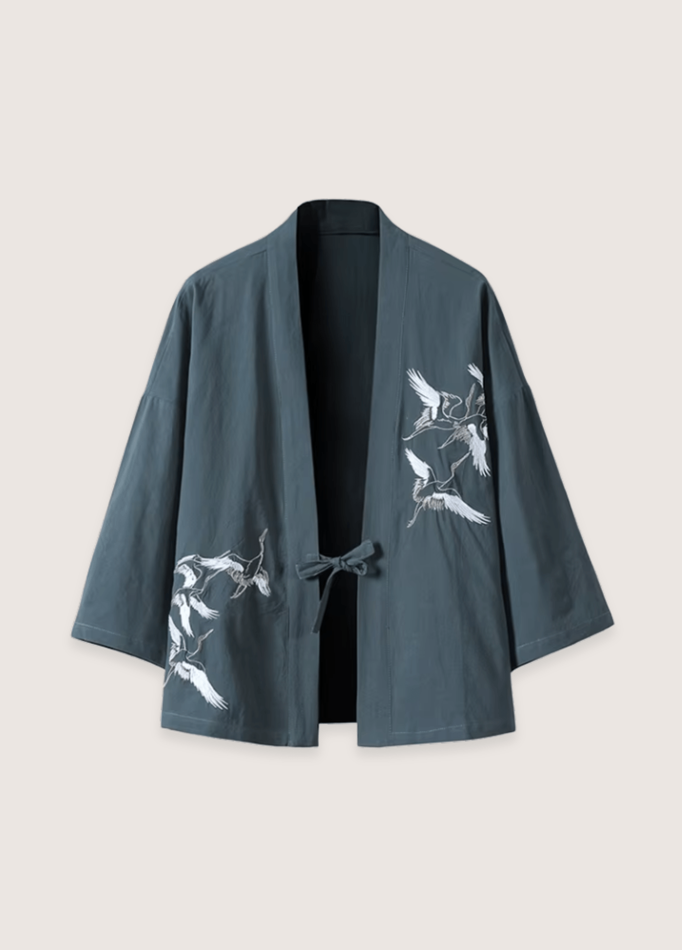 Veste kimono mixte coton motif grue bleu gris – Kaze