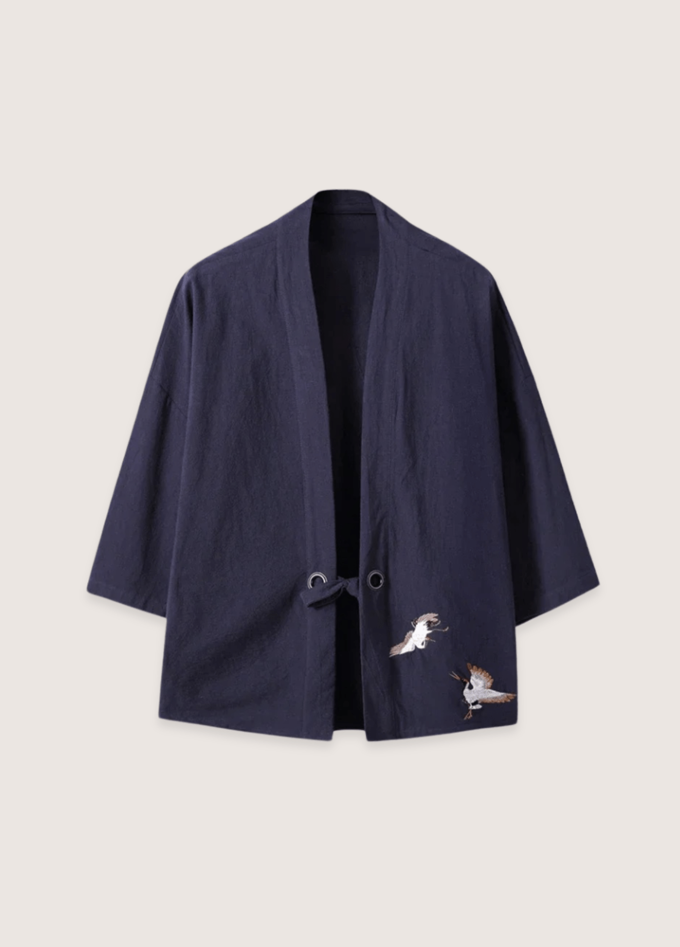 Veste kimono mixte lin motif grue bleu marine