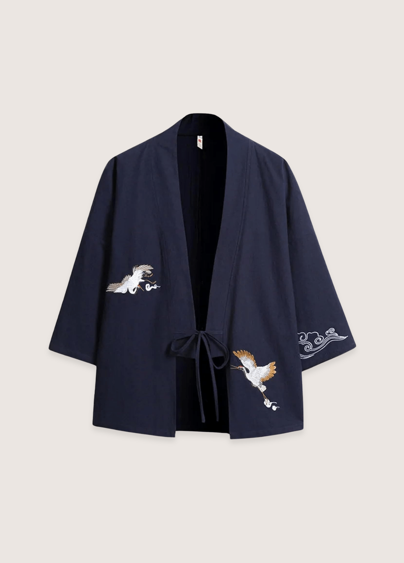 Veste kimono mixte lin motif grue bleu marine (Les Deux Grues)