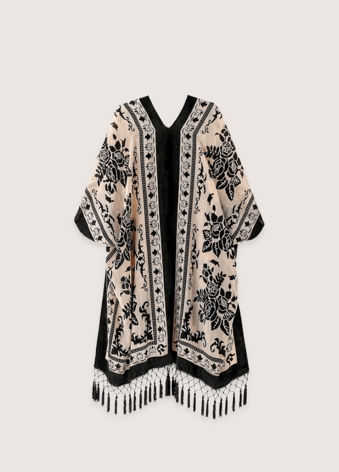 Veste kimono femme viscose motif pivoine crème/noir – Kuro