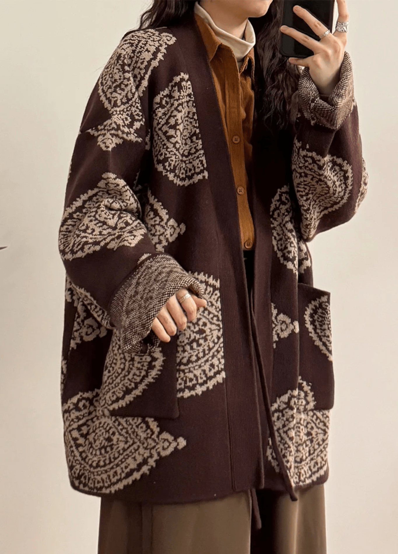 Veste kimono mixte coton paisley marron – Motifs Paisley