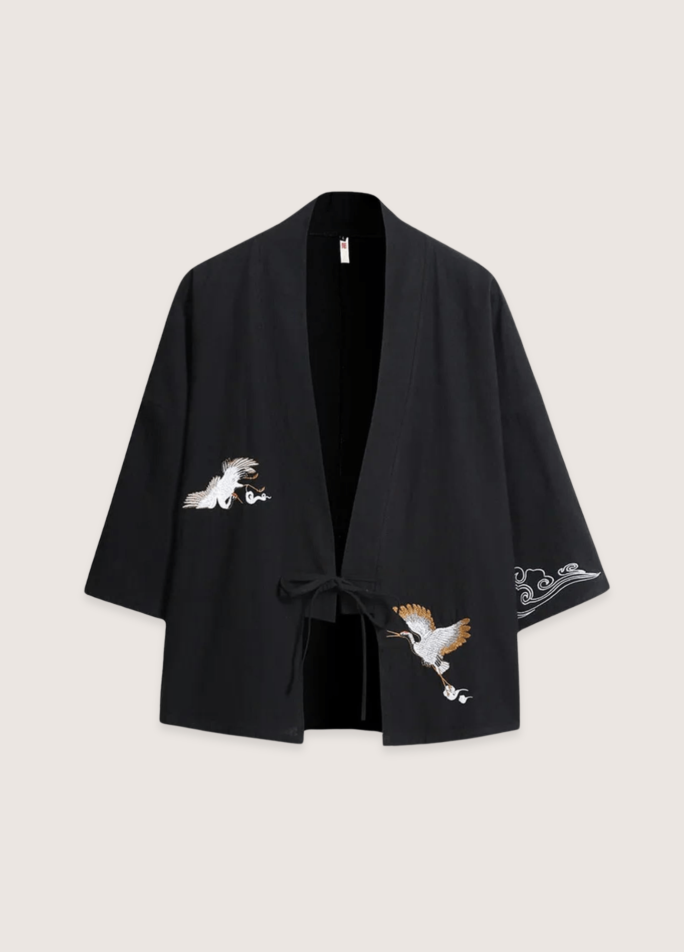 Veste kimono mixte lin motif grue noir (Les Deux Grues)