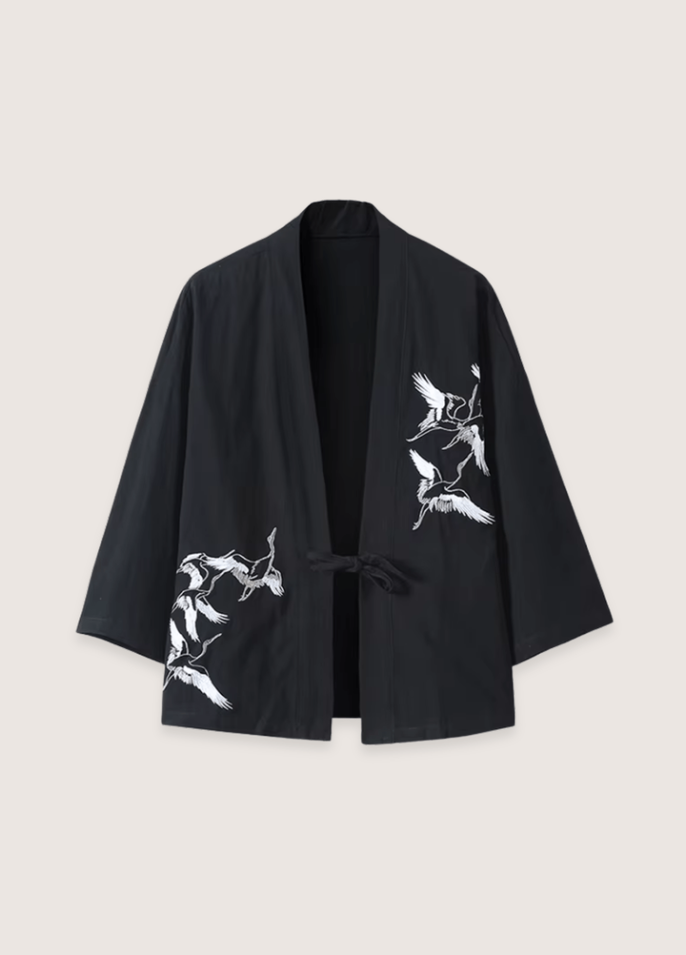 Veste kimono mixte coton motif grue noir – Kaze