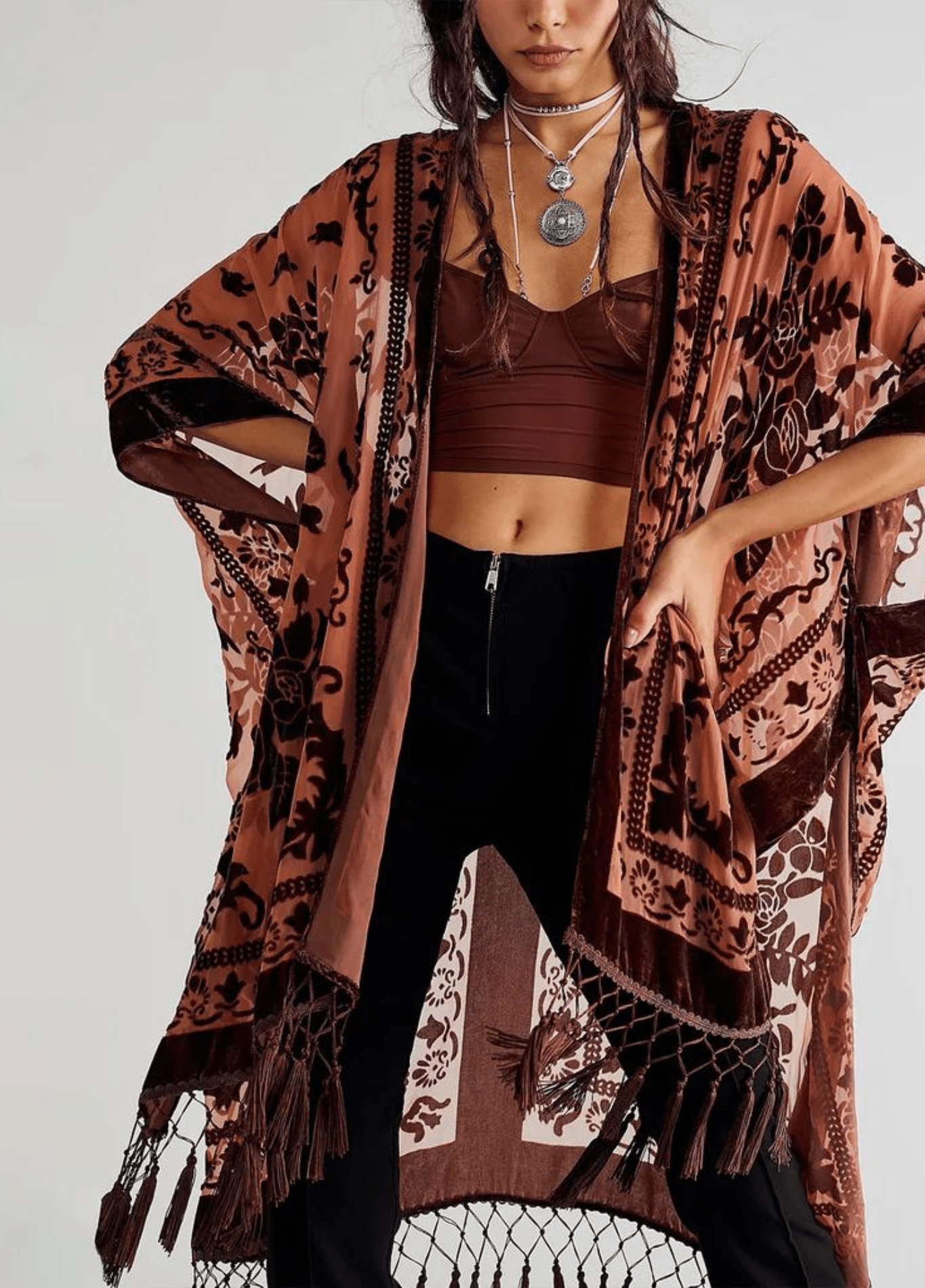 Veste kimono femme viscose motif cerisier rose pâle – Kuro