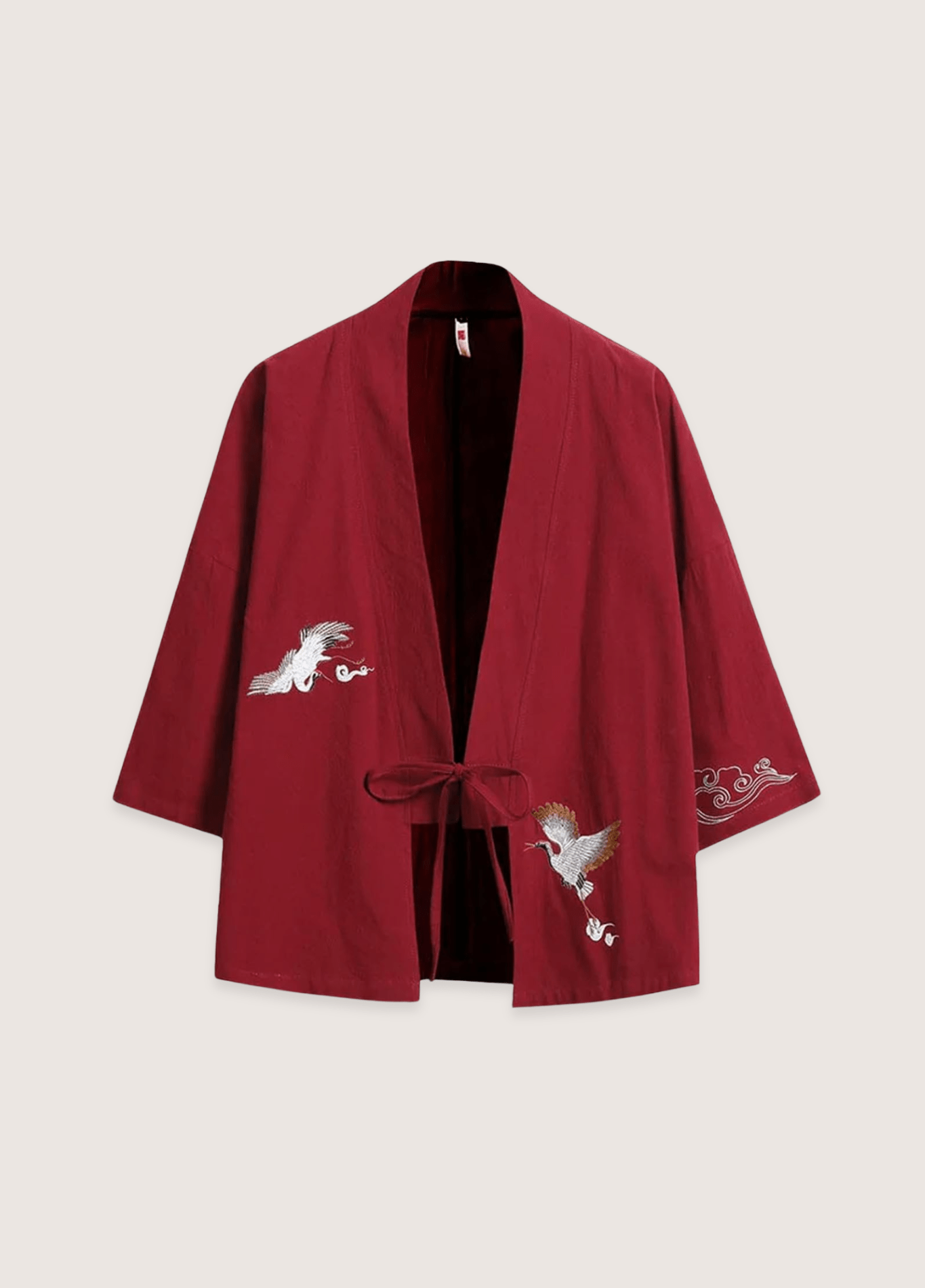 Veste kimono mixte lin motif grue rouge (Les Deux Grues)