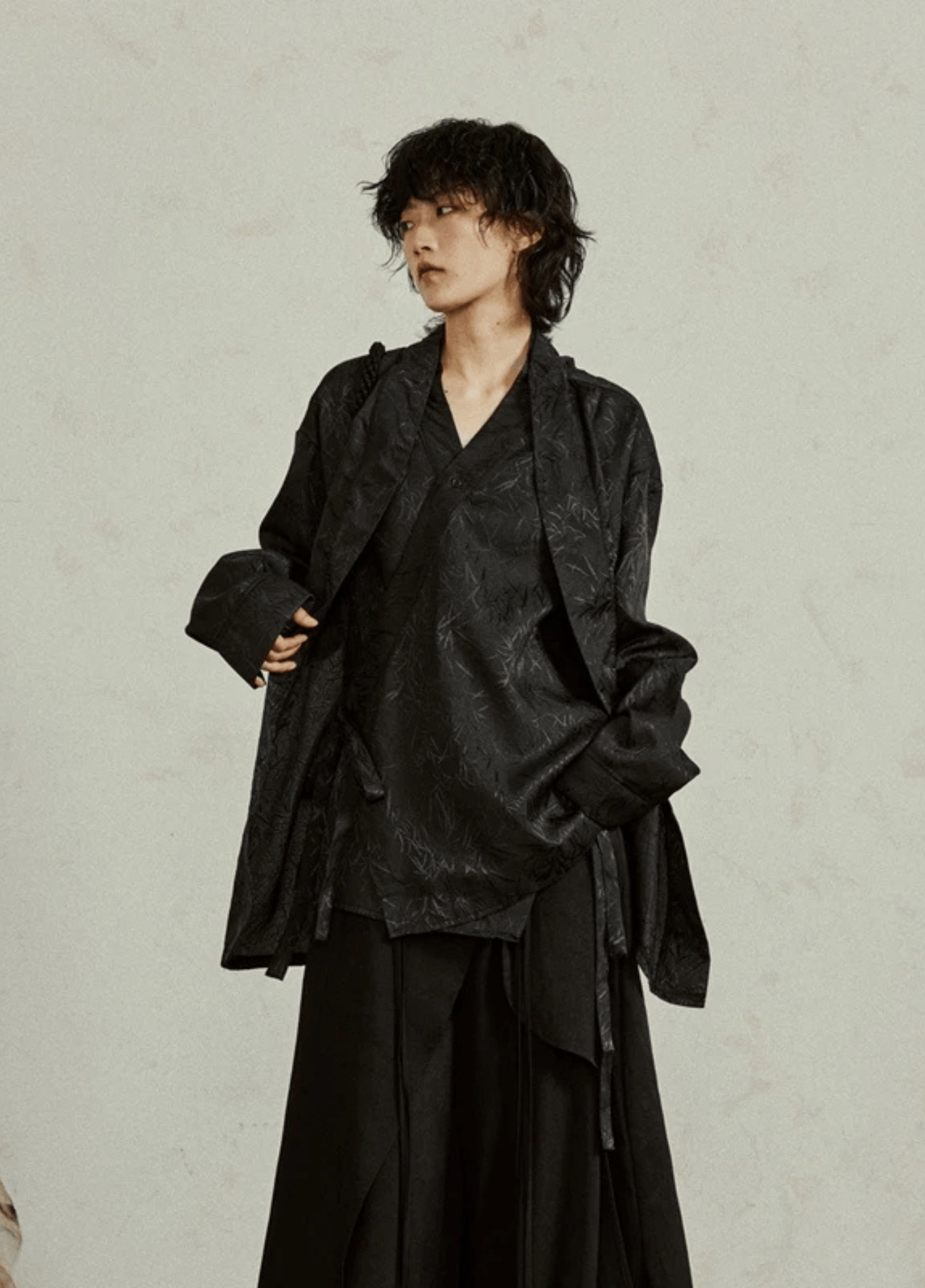 Veste kimono noire jacquard bambou, homme et femme – Take