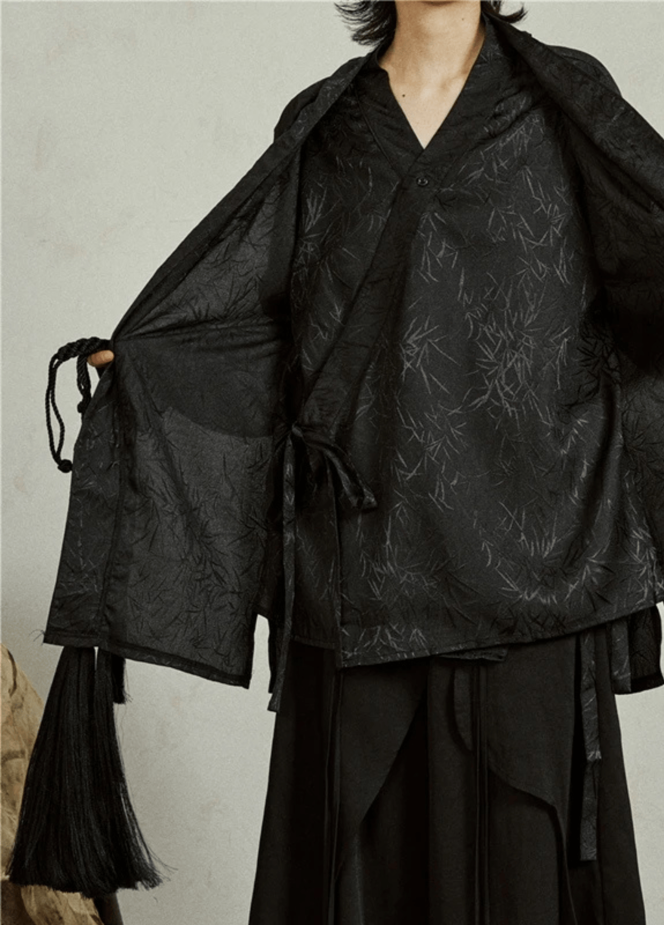Veste kimono noire jacquard bambou, homme et femme – Take